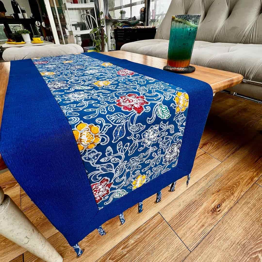 Table Runner Bunga Seruni Biru Mewah Reversible