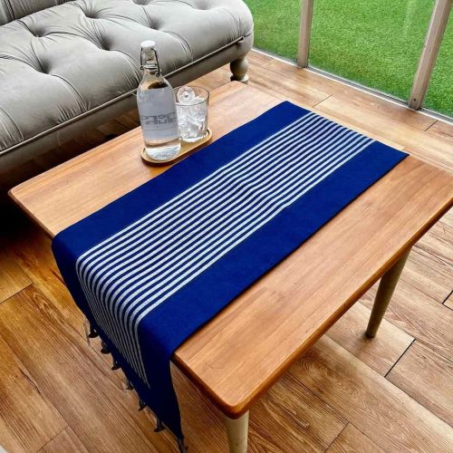 Table Runner Tenun Lurik Biru Putih Eksklusif Reversible
